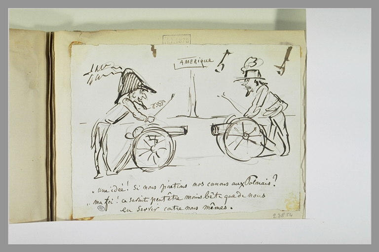 Caricature : deux militaires se faisant vis-à-vis chacun derrière un canon