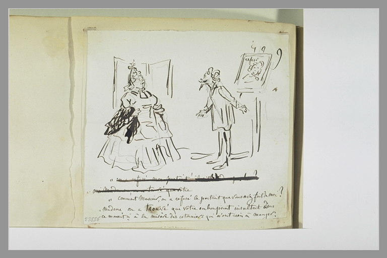 Caricature : une grosse dame interpellant un artiste devant son tableau
