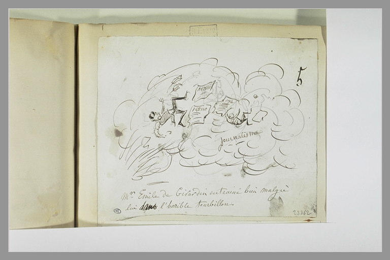 Caricature : homme culbuté dans les nuées parmi des feuilles de papier