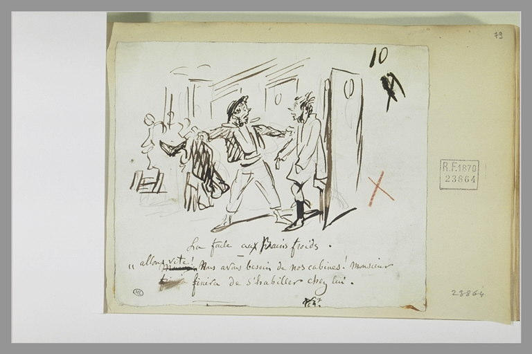 Caricature : un homme tirant d'une cabine un homme en chemise