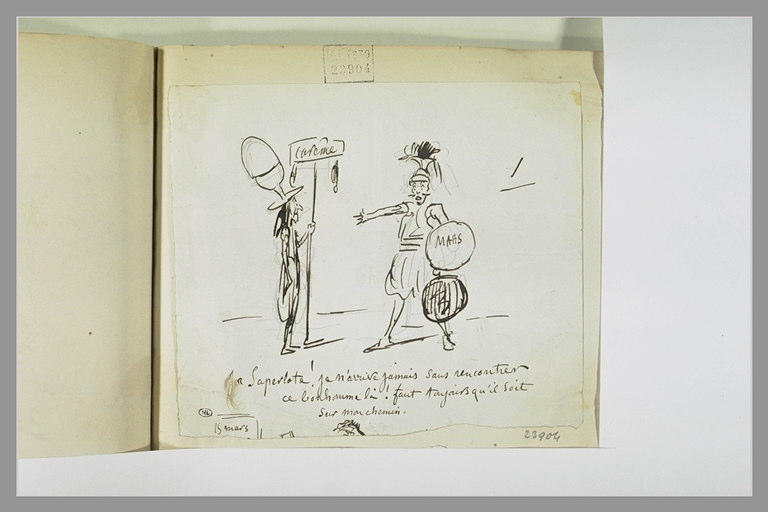Caricature : un guerrier antique face à une figure représentant le Carême