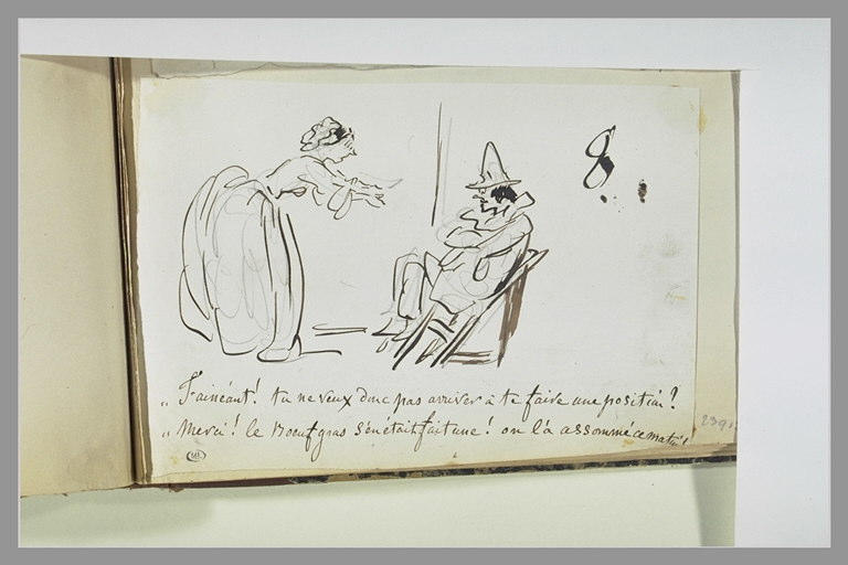 Caricature : une femme furieuse apostrophant un Pierrot assis sur une chaise