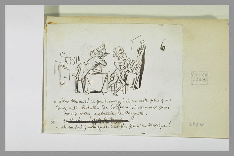 Caricature : un gardien d'exposition apportant un tableau à un commissaire