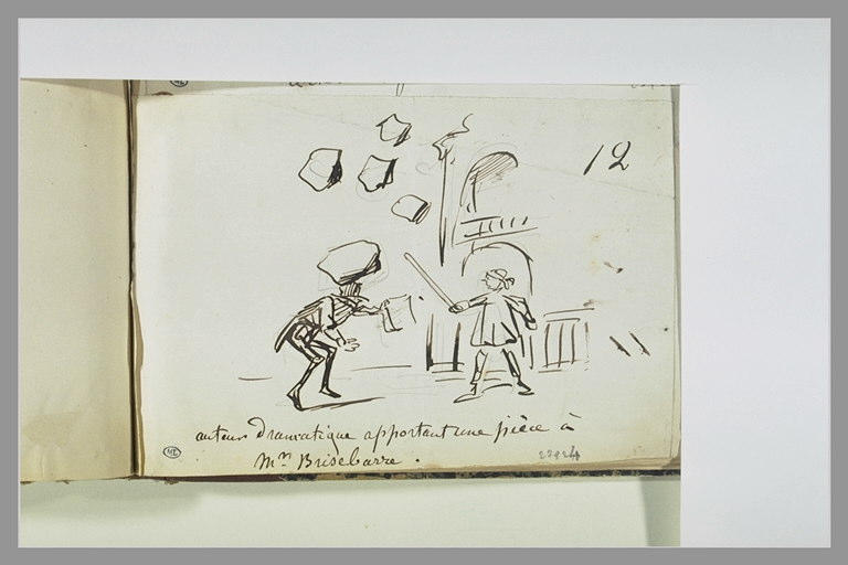 Caricature : homme tendant une feuille de papier à un homme maniant un bâton