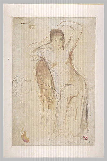 Femme assise, de face, les deux mains derrière la tête, et autre tête