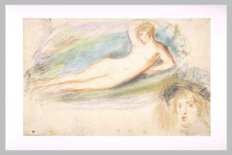 Femme nue couchée, et tête de femme coiffée d'un chapeau