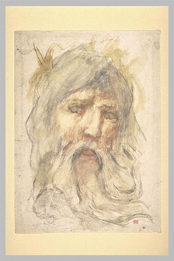 Tête d'homme barbu, à longue chevelure, couronné de feuilles