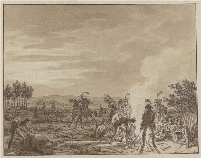 Bivouac : soldats étendus sur le sol parmi des faisceaux de fusils ; Bivouac de l'armée française le soir de la bataille d'Iena, 14 octobre 1806 (soldats se chauffant avec les fusils ramassés sur le champ de bataille)