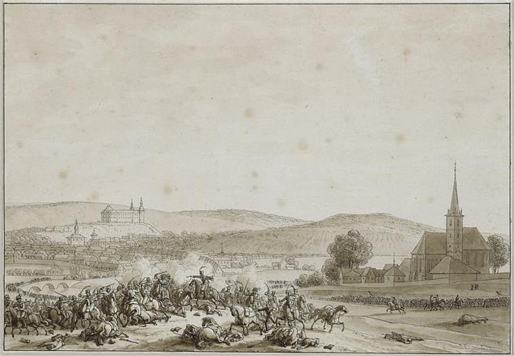 Devant une rivière, avec, sur l'autre rive, une ville et un monastère ; Combat devant la ville de Schleitz, le 9 octobre 1806 (autre titre)