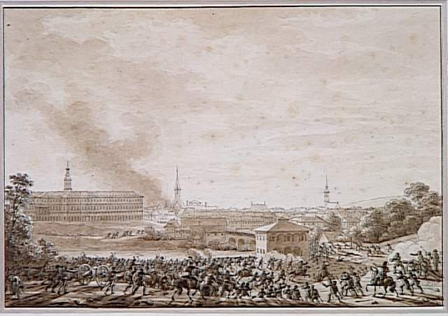 Bataille se déroulant au premier plan, et plus loin, une ville ; Attaque de la ville de Weimar par les troupes françaises, le 14 octobre 1806 (autre titre)