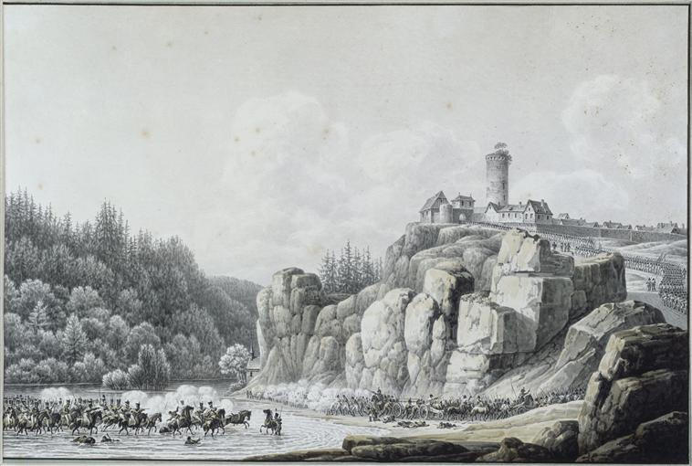 Sur une éminence rocheuse, un village dominé par une tour en ruines ; L'Armée française passe à gué la Saale à Saalbourg le 8 octobre 1806 (autre titre)