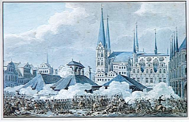 Combat se déroulant sur la place d'une ville devant des halles ; Bataille entre les troupes françaises et le corps d'armée de Blücher sur la place du marché de Lübeck le 7 novembre 1806 (autre titre)