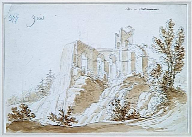 Parc de Williamsen ; Vue d'une fabrique en forme de ruines avec chute d'eau dans le parc de Williamsen (autre titre)