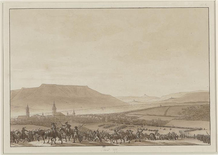 Au premier plan, artillerie arrivant au haut d'une pente ; L'Armée française quittant la ville d'Iéna, le 13 octobre 1806 pour aller prendre ses positions sur le champ de bataille (autre titre)