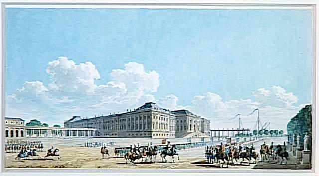 Vue du vieux palais de Postdam avec devant le terrain de manoeuvres ; Arrivée de Napoléon Ier à Potsdam, le 24 octobre 1806 (autre titre)