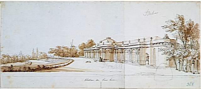 Vue de Sans-Souci à Postdam, à droite, la façade du palais ; Vue de la façade et de la terrasse du château de Sans-Souci à Postdam avec le vieux roi Frédéric II de Prusse entouré de ses lévriers (autre titre)