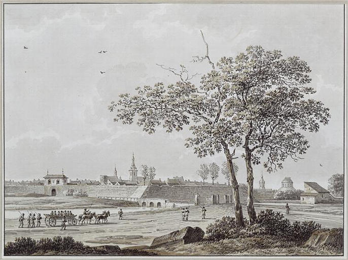 Petite ville fortifiée à laquelle on accède par un pont ; Vue des remparts et de la ville de Wolfenbuttel - soldats français conduisant dans la ville un convoi de prisonniers (nov. 1806) (autre titre)