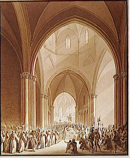 Enterrement à l'époque de la Renaissance, dans une église ogivale ; Enterrement à l'époque de la Renaissance dans une église ogivale de Seligenstadt sur le Main en Allemagne (funérailles d'Eginhard et d'Emma) (autre titre)