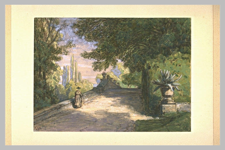 Un écclésiastique se promenant sur la terrasse d'un parc italien