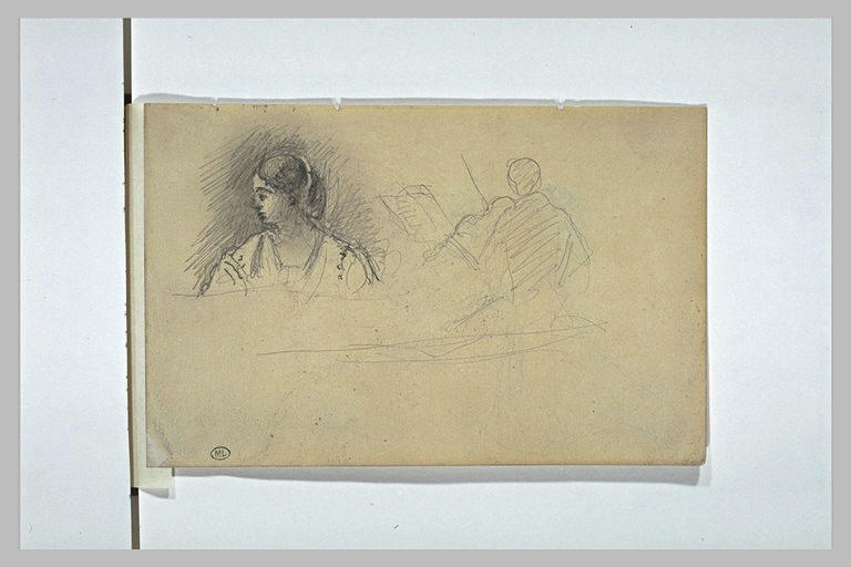 Femme en buste, de face, la tête tournée vers la gauche ; violoniste