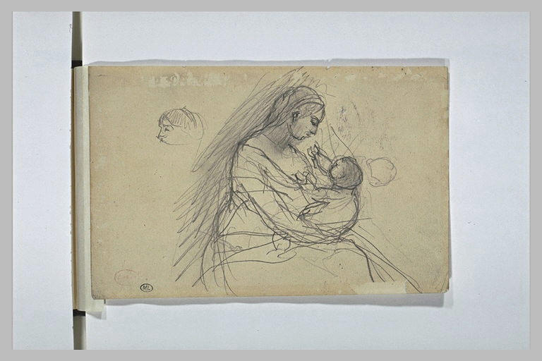 Femme assise, tournée vers la droite, tenant un enfant qui agite ses bras