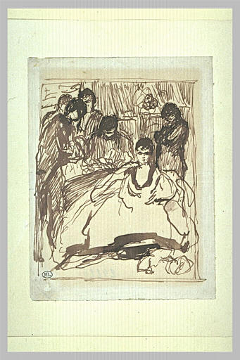 Femme assise dans un intérieur, entourée de personnages