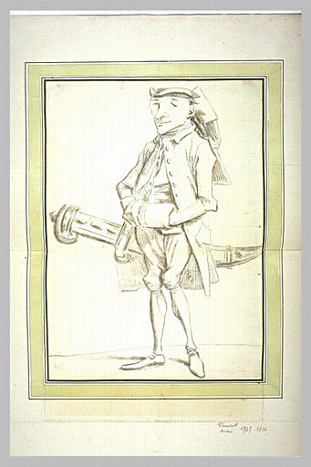 Caricature : homme, debout, de trois quarts à gauche