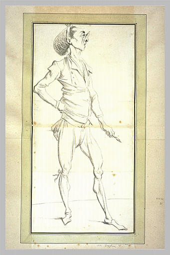 Caricature : homme squelettique, debout, de profil à droite