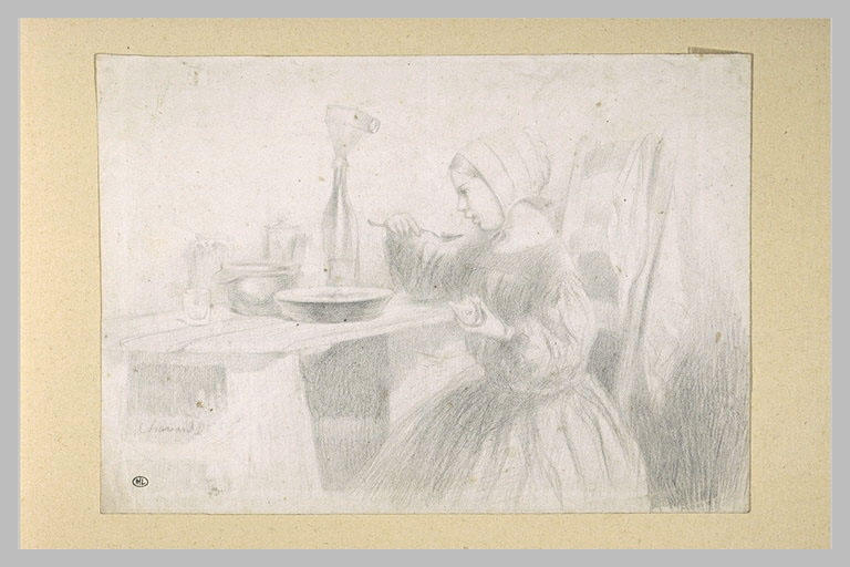 Petite fille coiffée d'un béguin attablée et mangeant