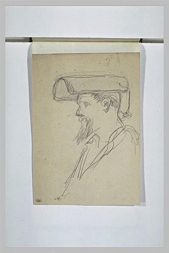 Buste d'homme, portant un masque de soudeur à la visière relevée