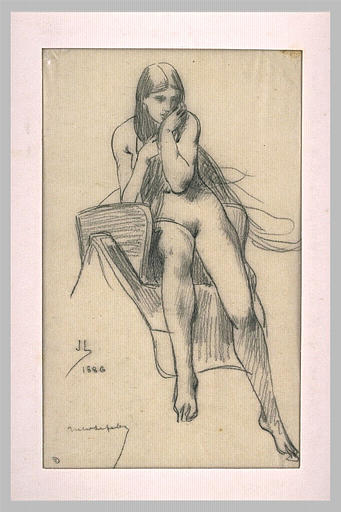 Femme nue, assise sur une selle, de face