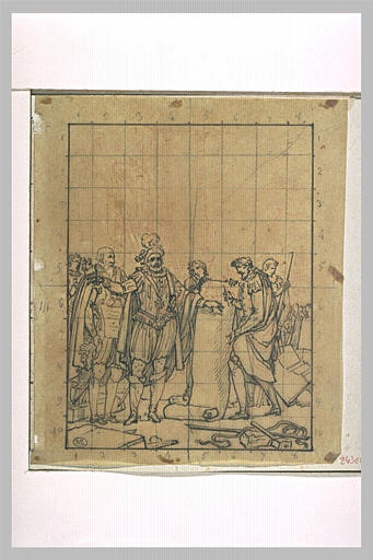 Henri IV accompagné de Sully, examine un plan qu'un homme déroule devant lui