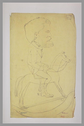 Caricature : homme barbu sur un cheval de bois