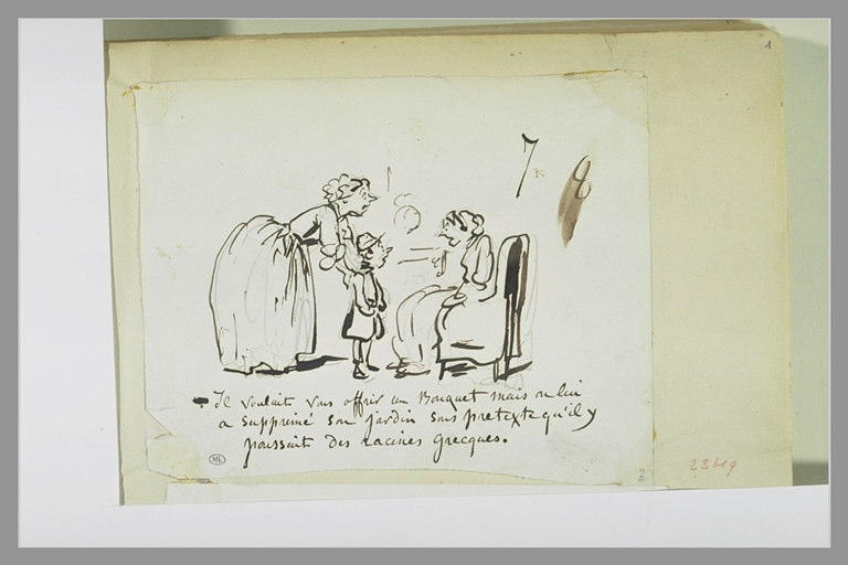 Caricature : femme présentant un collégien à une autre femme assise