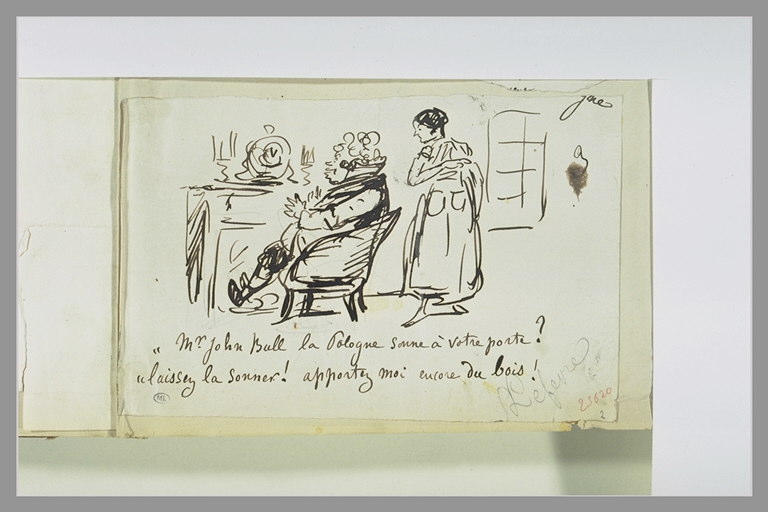 Caricature : un gros homme près d'une cheminée et une femme debout