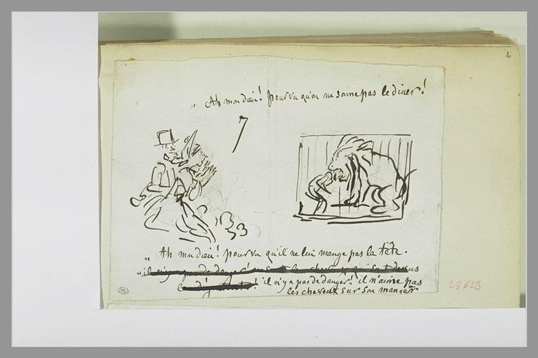 Caricature : spectateurs regardant un homme, la tête dans la gueule du lion