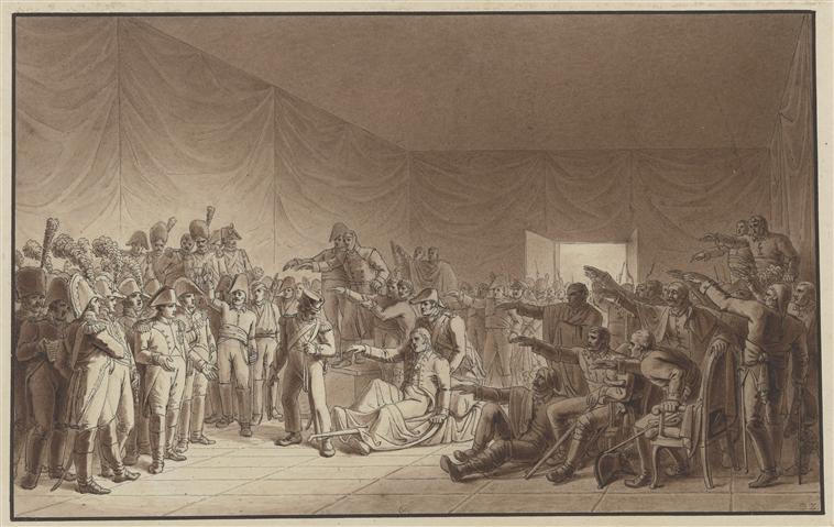 Dans une salle, Napoléon, entouré de ses généraux, visite des blessés ; Napoléon Ier entouré de ses généraux au lendemain de la bataille d'Iena fait jurer aux officiers saxons de ne plus reprendre les armes contre lui, 15 octobre 1806 (autre titre)