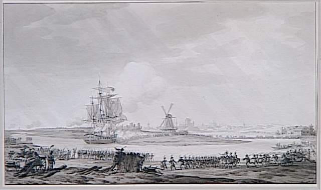 Rivière contournant une langue de terre sur laquelle se dresse un moulin ; Prise de la corvette anglaise 'La Jalouse' sur la Vistule le 19 mai 1809 (autre titre)
