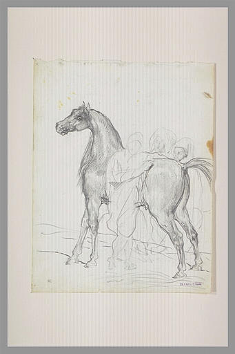 Cheval tourné à gauche ; de chaque côté, arabes