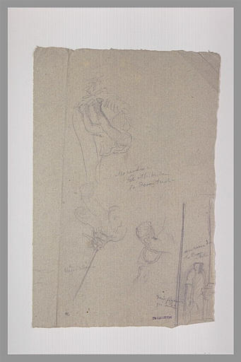 Figure tendant, à gauche, les bras vers un arbre ; riflamme ; porte