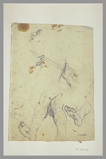 Profil d'homme ; main ; main tenant un glaive ; jambes : un pied