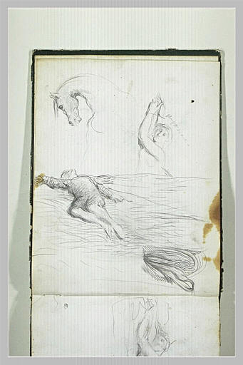 Femme nue étendue ; Tête et encolure d'un cheval ; homme étendu