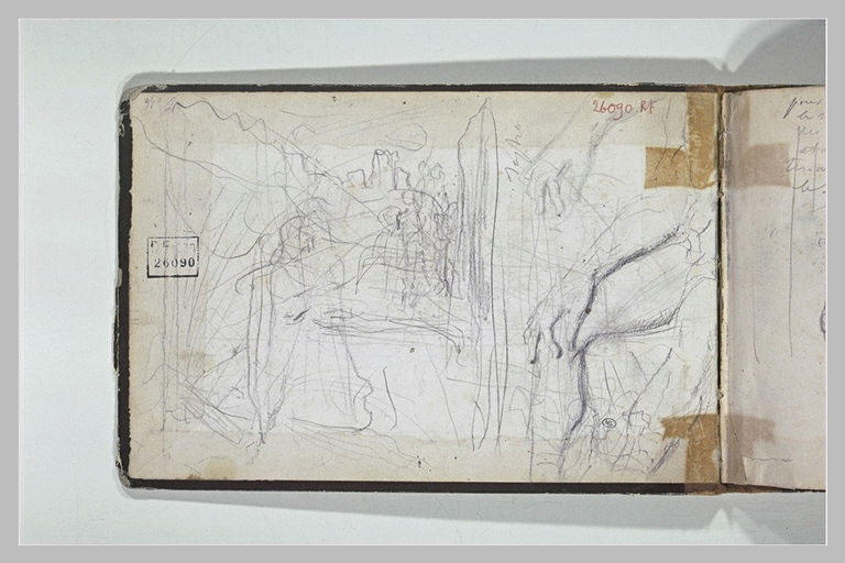 Figures près d'une muraille ; études de bras et de jambes