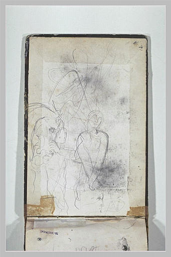 Femme nue les bras croisés ; homme et cheval ; tête ; figure drapée