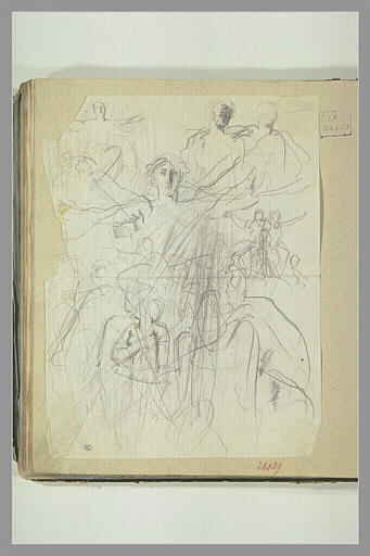 Diverses figures emmêlées dont une femme debout étendant les bras