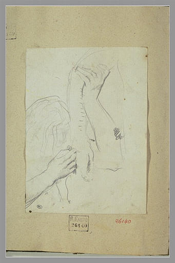 Tête de femme, de profil à droite, tenant un bras (?)