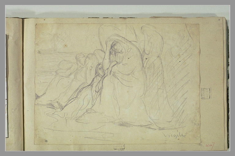 Femme assise, dans une attitude de douleur, entourée d'autres femmes