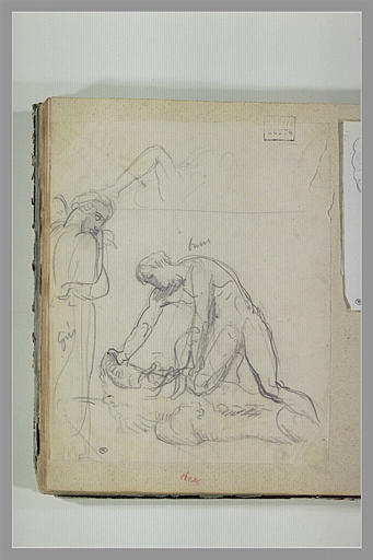 Homme nu terrassant un lion ; figure, et étude de jambe