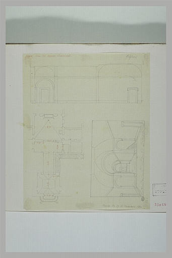 Vue d'un vestibule, en plan, coupe et perspective