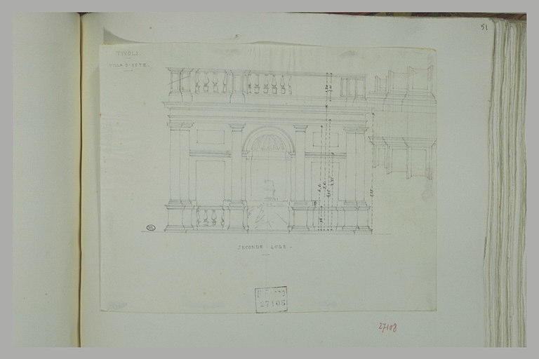 Etude d'une loggia à la villa d'Este ; façade et coupe
